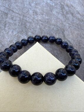 Dark Blue Goldstone 8m Size 7 Beaded Stretch Bracelet - Sparking Beads Men Women